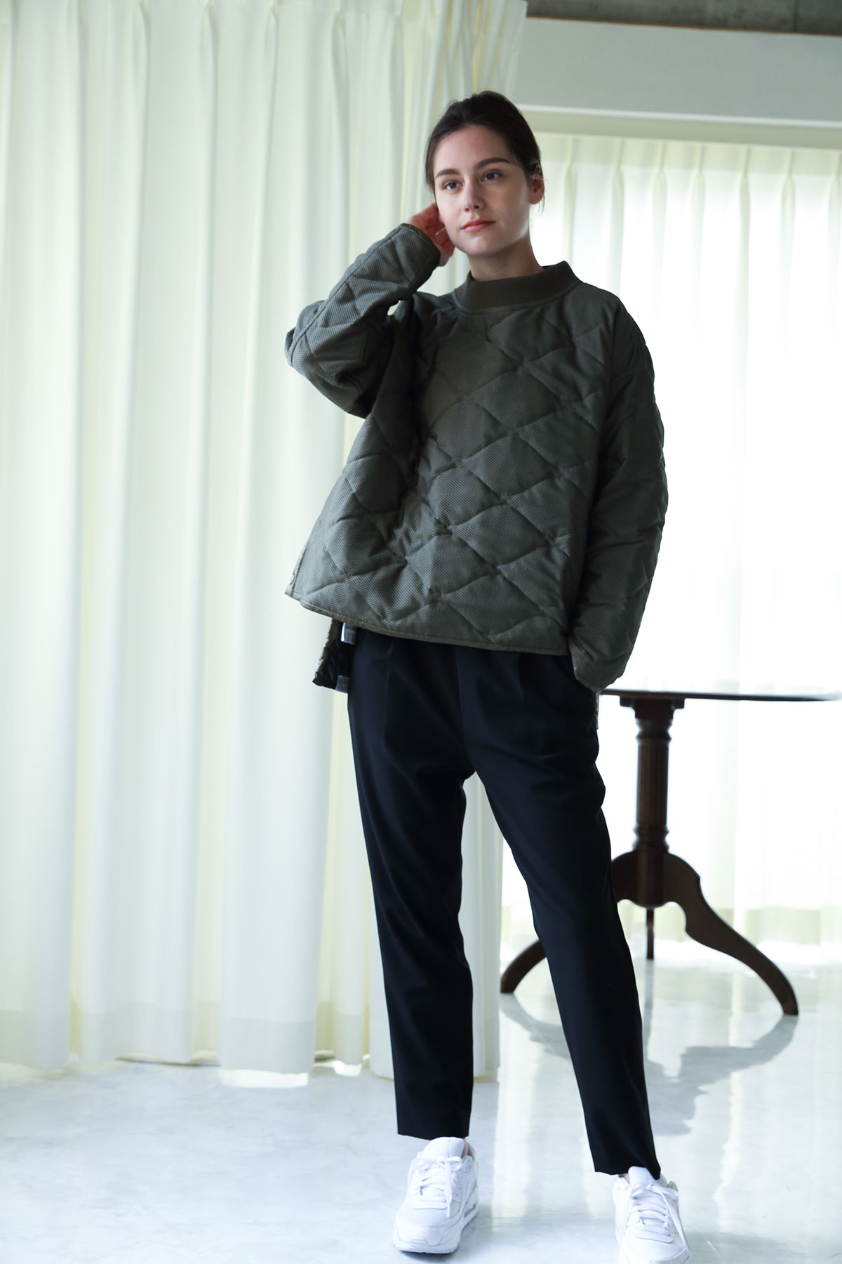 BO204104-khaki Plain Putted Mesh PCS Smock -KHAKI-【BO204104】