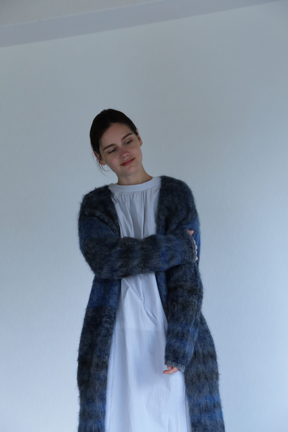 BO204816-blue Teasel Mohair Tweed Collar-less Cardigan -BLUE-【BO204816】