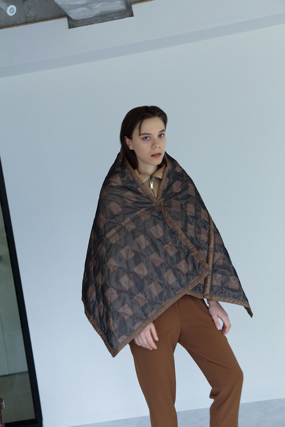 BO204903-beige Hunter-Check Putted Mesh PCS 5toolScarf -BEIGE/CHECK-【BO204903】Del.Sep.