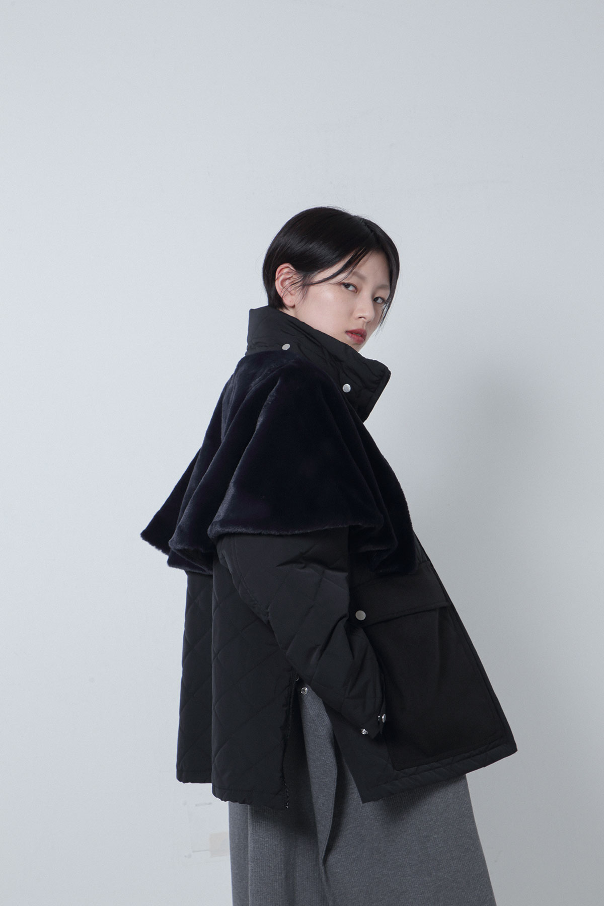 BO205109-black Sastainable Fur×Padded Weather Connect snorkelJacket -BLACK-【BO205109】Del.Oct.