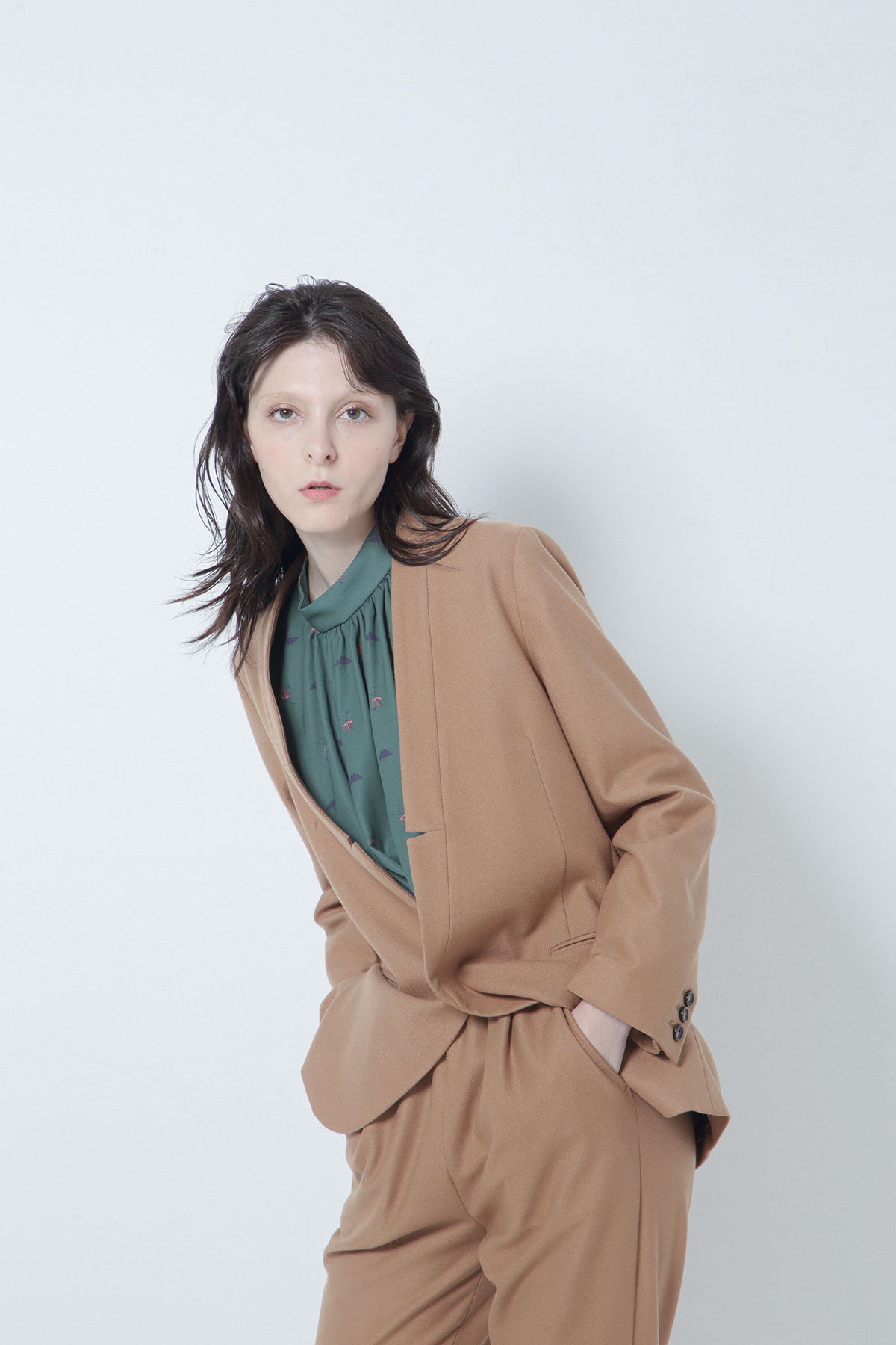 BO205115-camel Thermos Fabiric Notched Collar-less Jacket -CAMEL-【BO205115】Del.Oct.