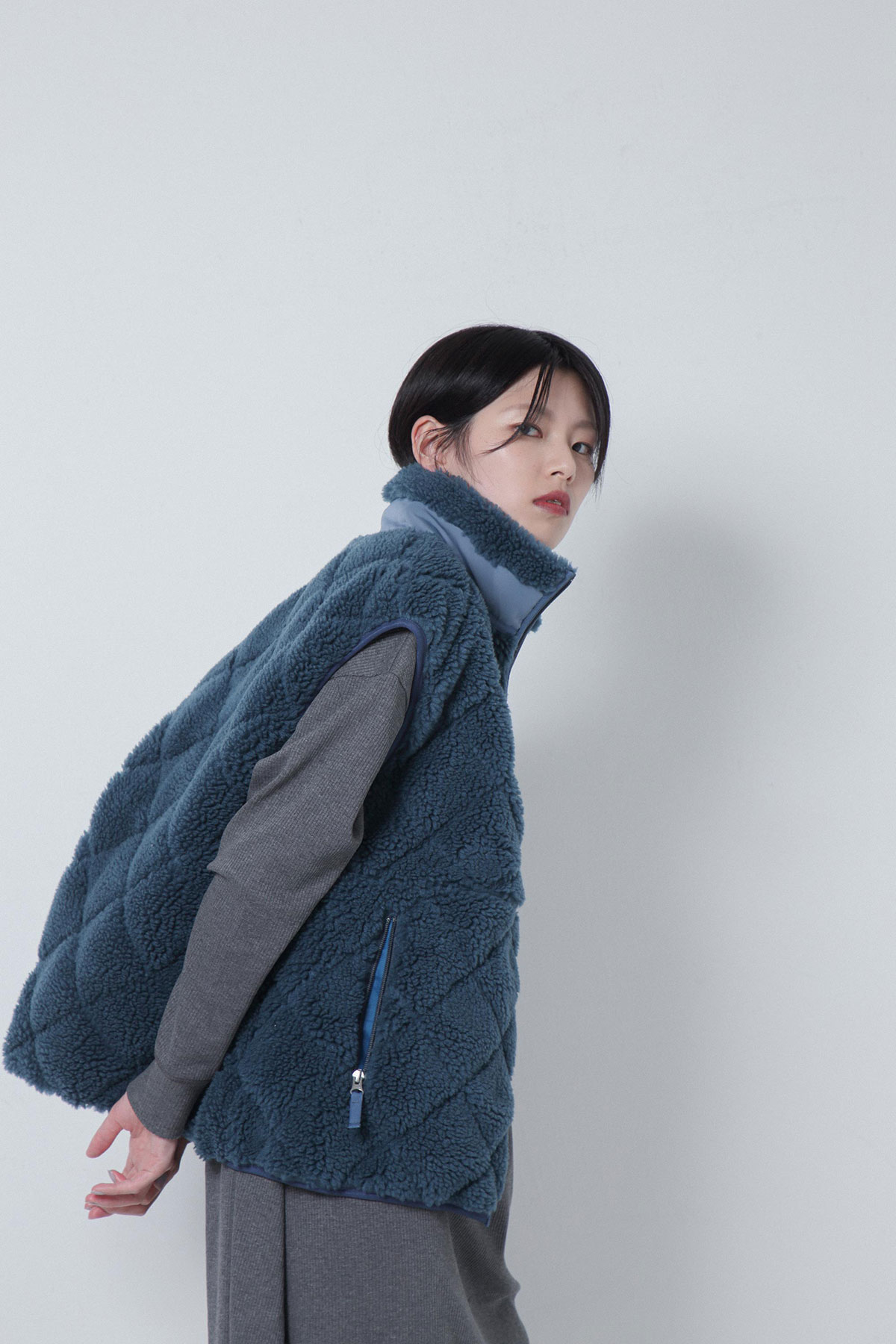 BO205201-BLUE Quilted Boa Classic Retro BO Vest-BLUE-【BO205201】Del. Oct.