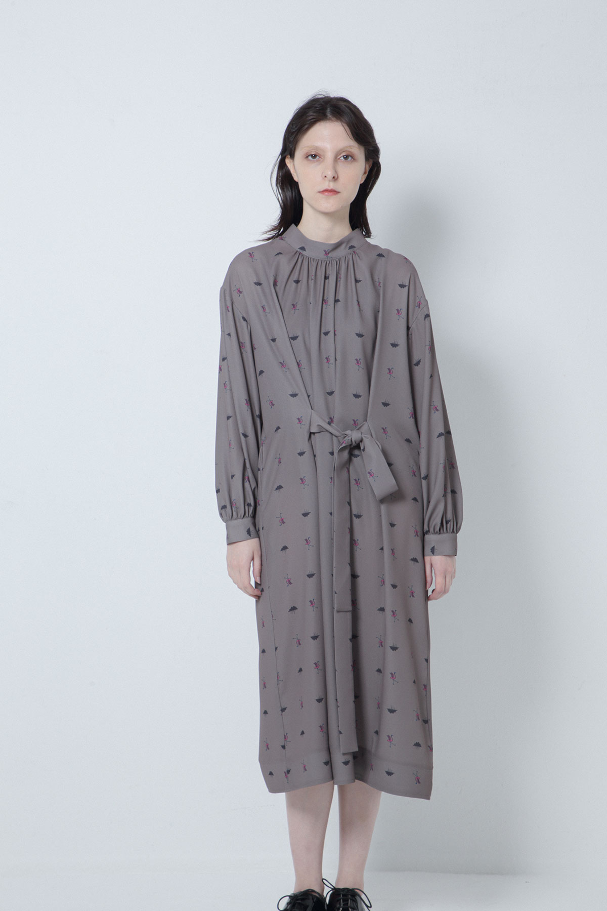 BO205526-moca Ordinary Meets Mulga the artist Back Satin Print Ribboned Shirts Dress -MOCA-【BO205526】Del.Oct.