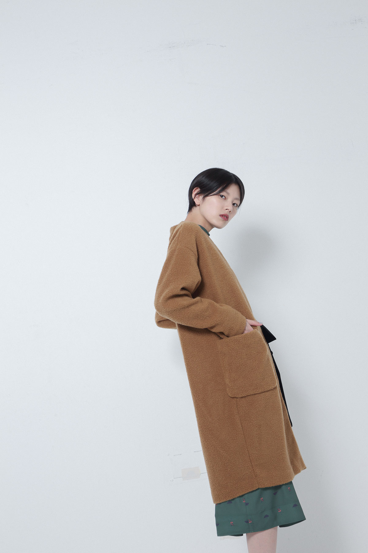 BO205704-CAMEL Antique Blanket Pile Collar-less Ribboned Cardigan -CAMEL-【BO205704】Del. Oct.