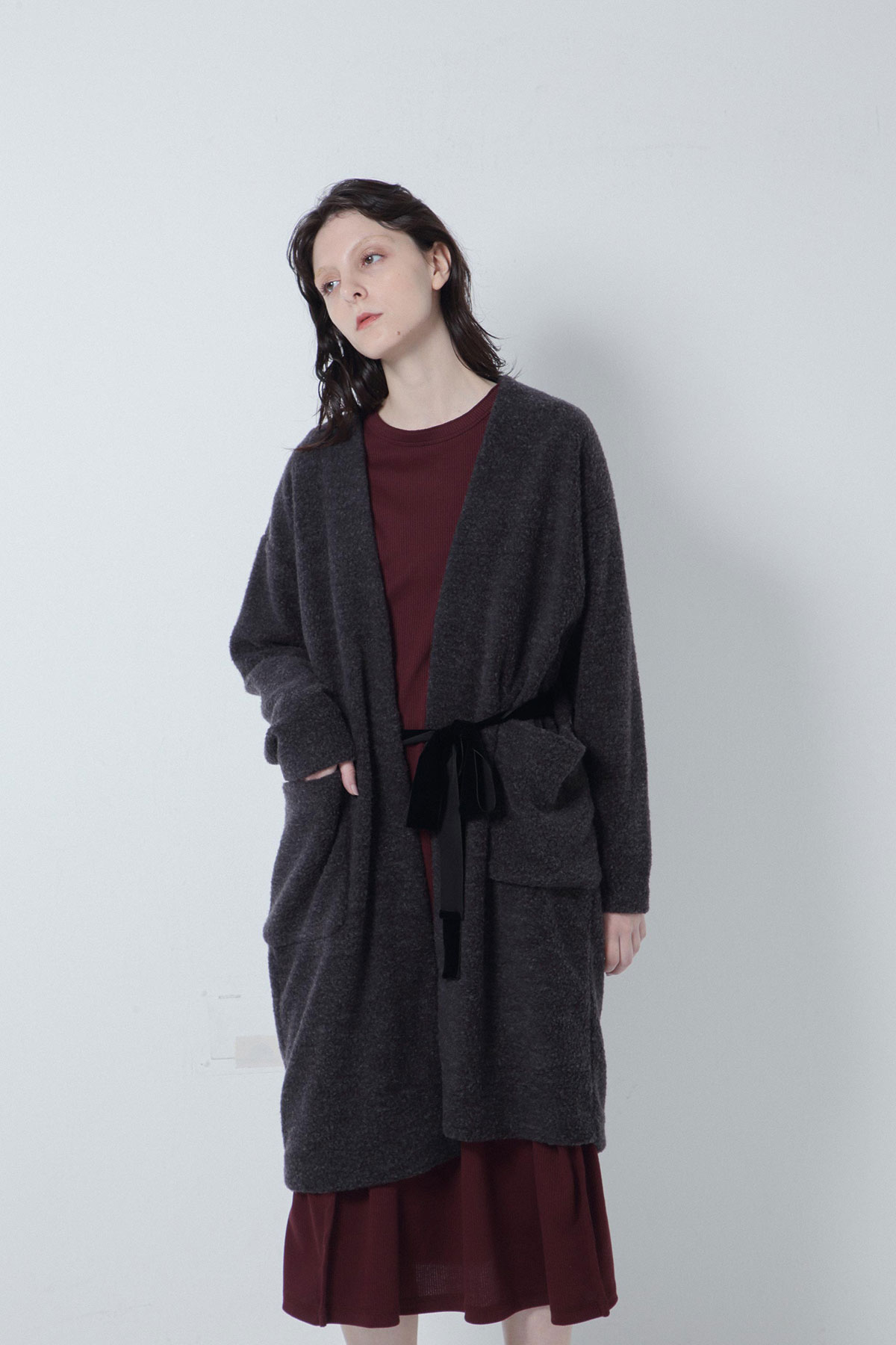 BO205704-gray Antique Blanket Pile Collar-less Ribboned Cardigan -GRAY-【BO205704】Del. Oct.