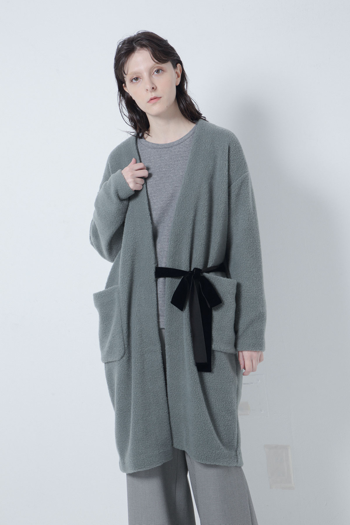 BO205704-lightgreen Antique Blanket Pile Collar-less Ribboned Cardigan -LIGHT GREEN-【BO205704】Del. Oct.