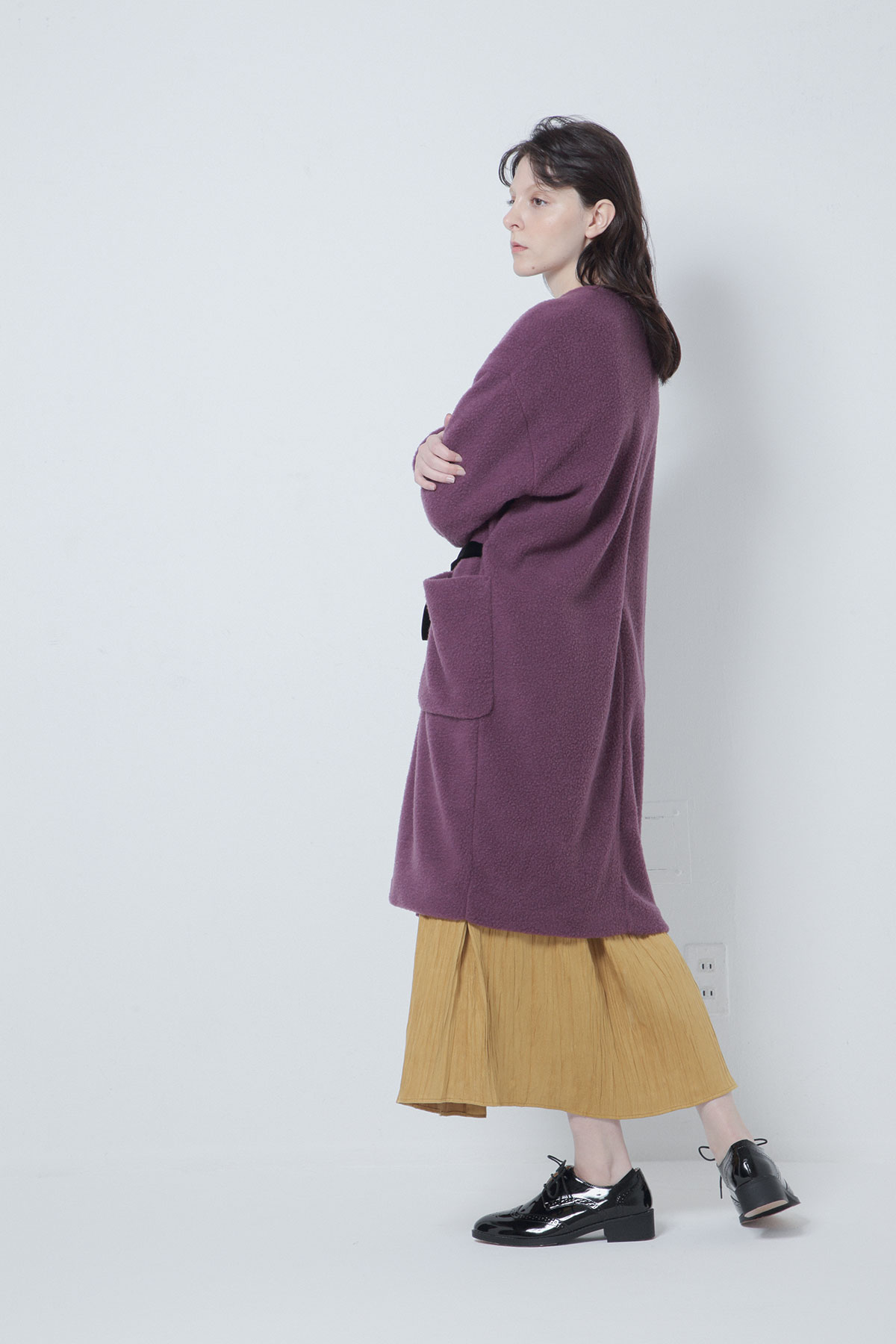 BO205704-purple Antique Blanket Pile Collar-less Ribboned Cardigan -PURPLE-【BO205704】Del. Oct.