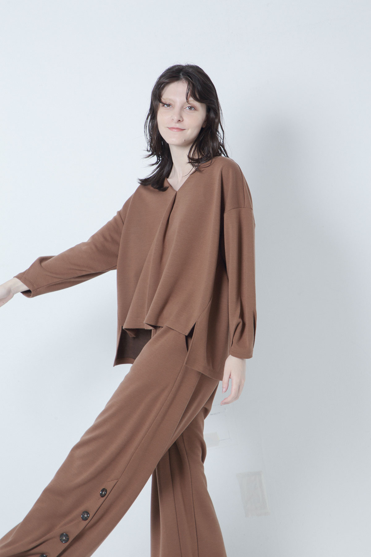BO205722-camel Thermos Middle Ponte Square Tack Wide Relaxing Trousers -CAMEL-【BO205722】Del.Oct.