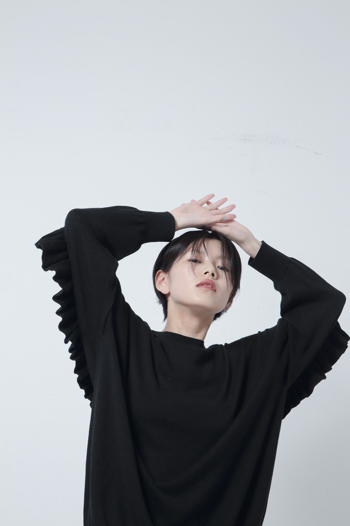 BO205807-black Allday Cotton/silk Knit Back Ruffle Pullover -BLACK-【BO205807】Del. Nov.