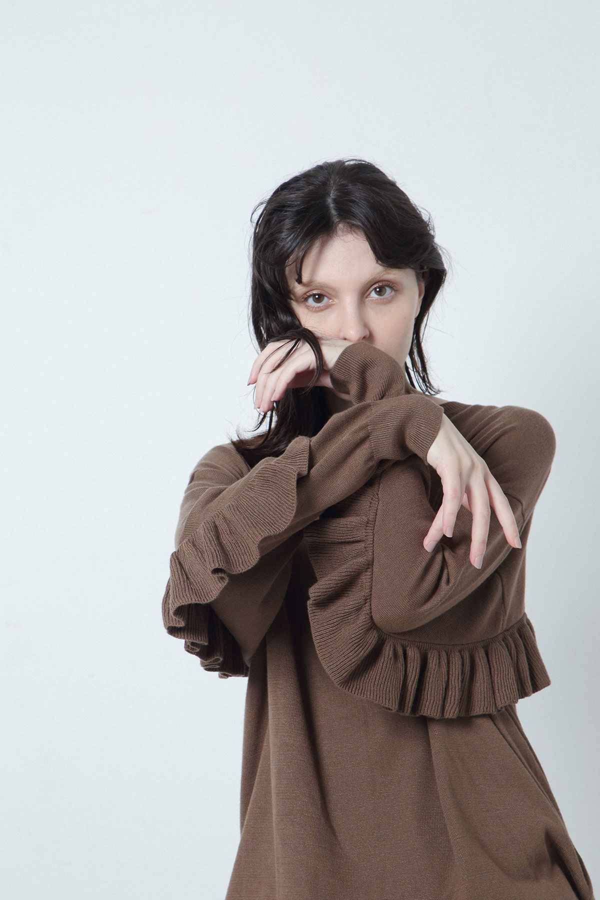 BO205807-camel Allday Cotton/silk Knit Back Ruffle Pullover -CAMEL-【BO205807】Del. Nov.