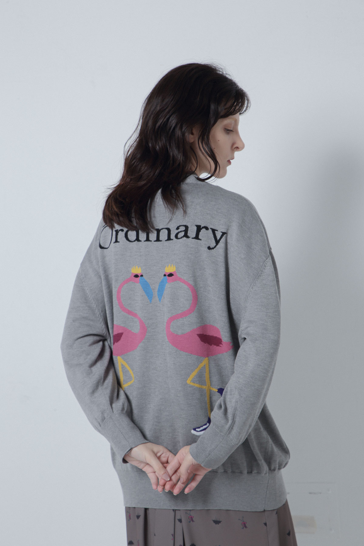 BO205825-lgray Ordinary Meets Mulga the artist Intarsia knit Collar-less Cardigan -L GRAY-【BO205825】Del.Oct.