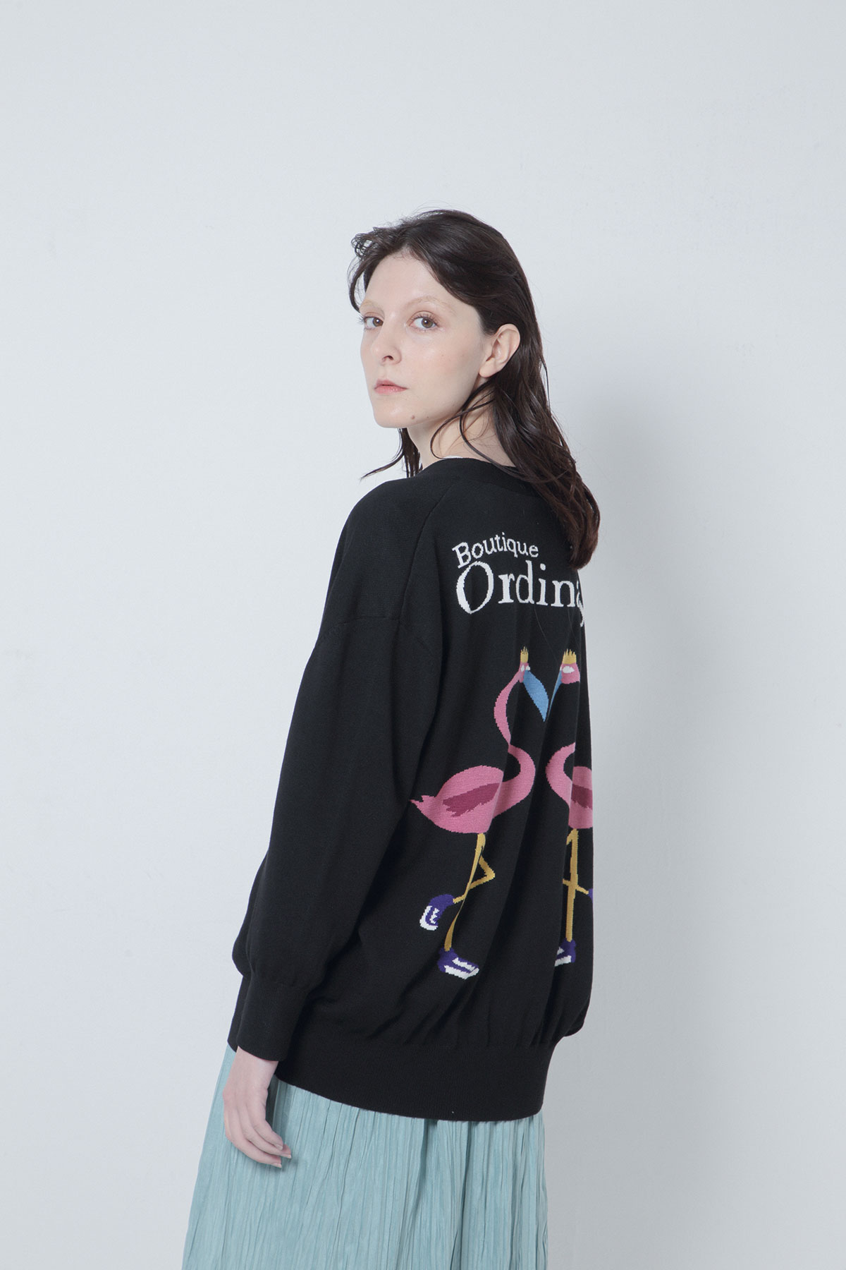 BO205825 Ordinary Meets Mulga the artist Intarsia knit Collar-less Cardigan -BLACK-【BO205825】Del.Oct.