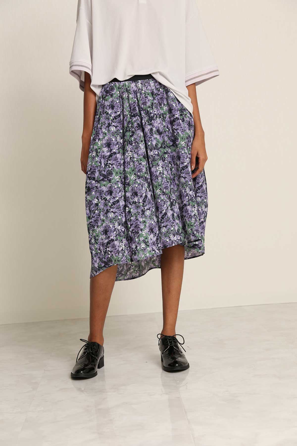 BO21-115K-green Flower-Print Egg Skirt-GREEN-【BO21-115K】